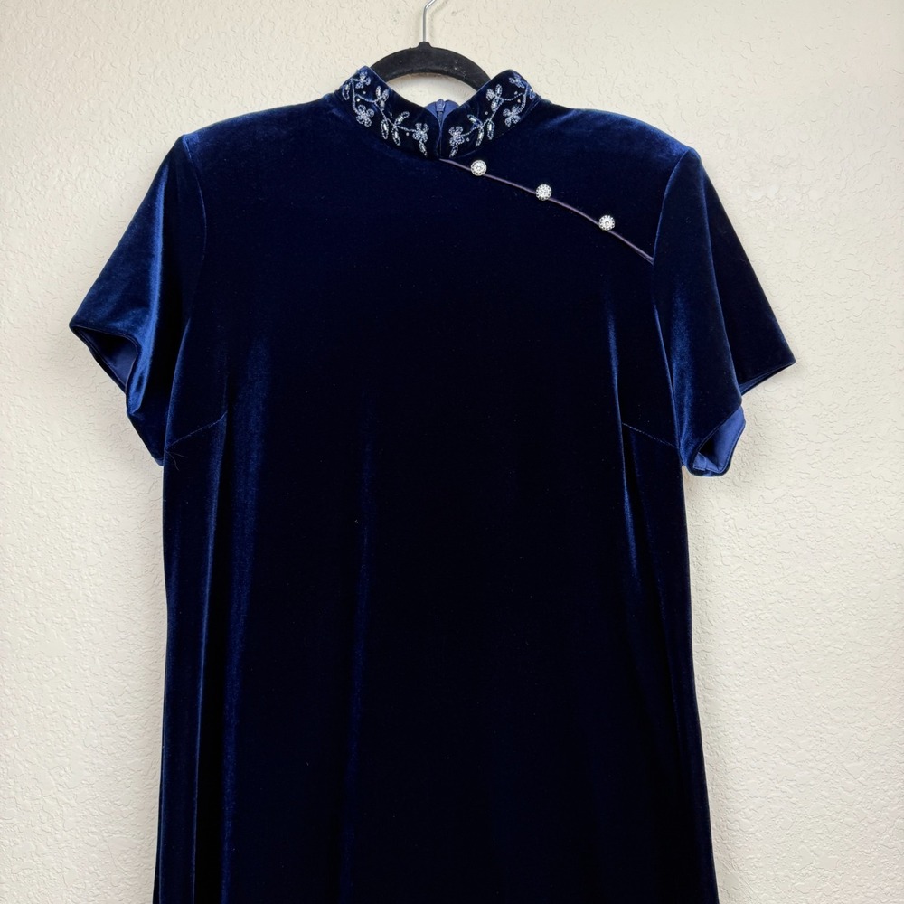 S.L. Fashions Women Cheongsam Qipao-Inspired Column Deep Navy Velvet Gown Sz 14W